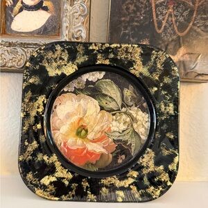 Vintage Lesley Roy Signed Reverse Glass Art Floral Plate Black & Gold 8”